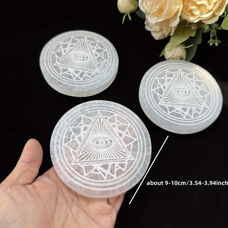 Selenite Big Disc Fatima Retro Demon Eyes Engraved Boho Decorative Plate