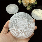 Selenite Big Disc Fatima Retro Demon Eyes Engraved Boho Decorative Plate