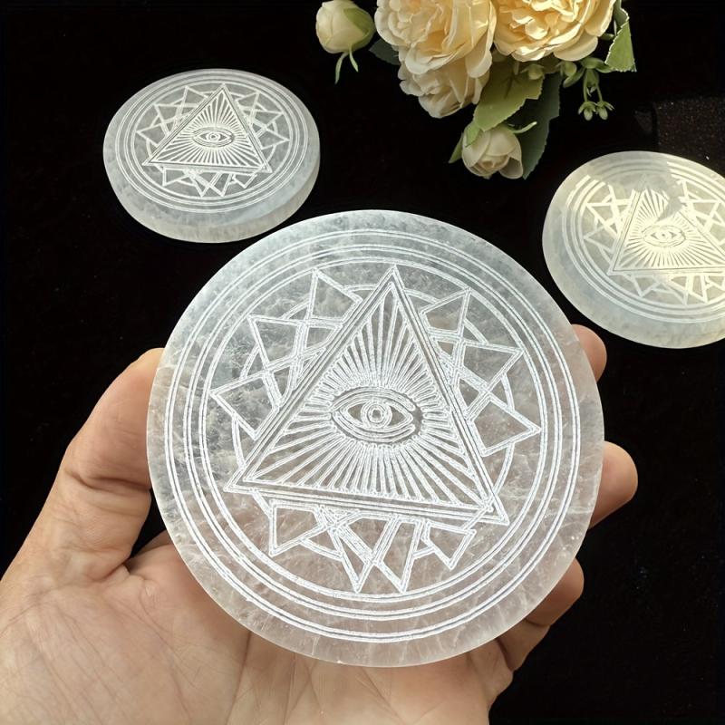 Selenite Big Disc Fatima Retro Demon Eyes Engraved Boho Decorative Plate