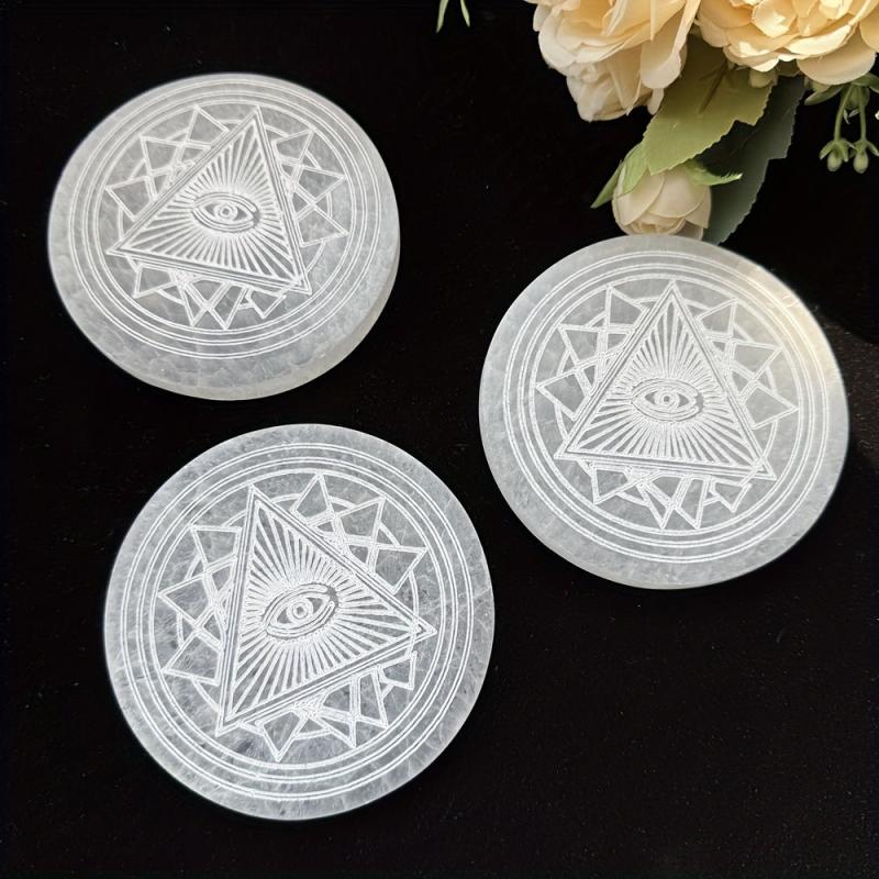 Selenite Big Disc Fatima Retro Demon Eyes Engraved Boho Decorative Plate