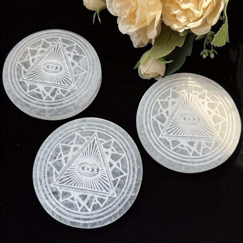 Selenite Big Disc Fatima Retro Demon Eyes Engraved Boho Decorative Plate