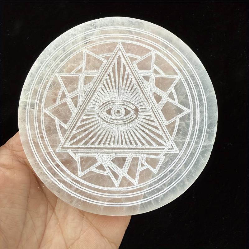 Selenite Big Disc Fatima Retro Demon Eyes Engraved Boho Decorative Plate