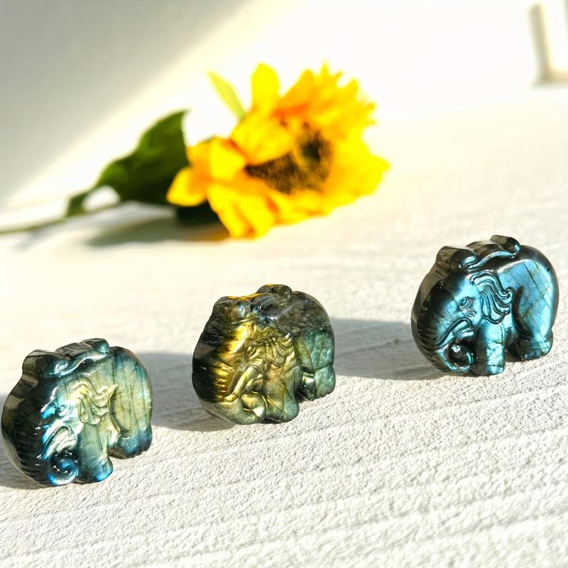 Labradorite Elephant Carving Reiki Mini Statue Golden Flash Home Decor
