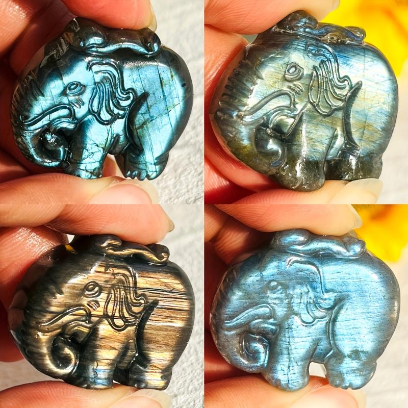 Labradorite Elephant Carving Reiki Mini Statue Golden Flash Home Decor