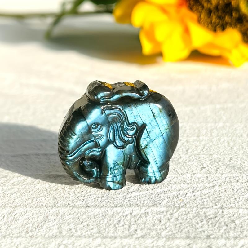 Labradorite Elephant Carving Reiki Mini Statue Golden Flash Home Decor