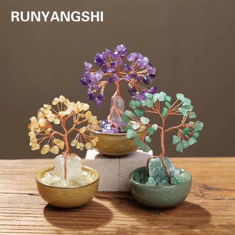 Crystal Raw Stone Golden Thread Tree & Crushed Stone Bowl