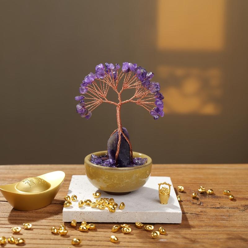 Crystal Raw Stone Golden Thread Tree & Crushed Stone Bowl