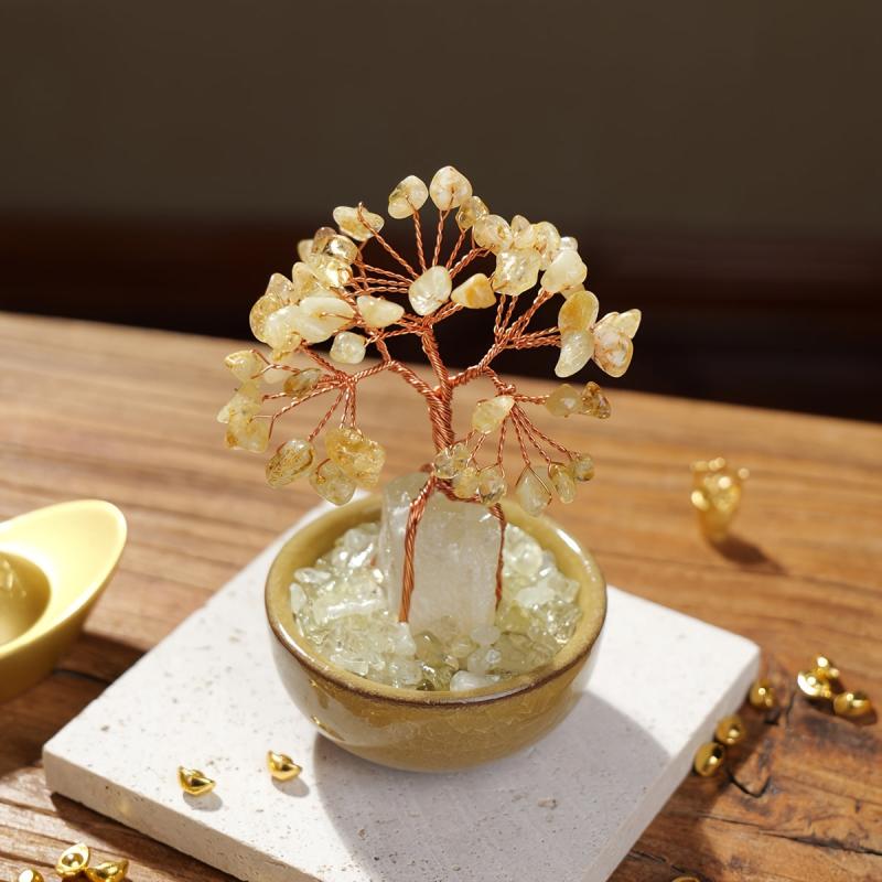 Crystal Raw Stone Golden Thread Tree & Crushed Stone Bowl