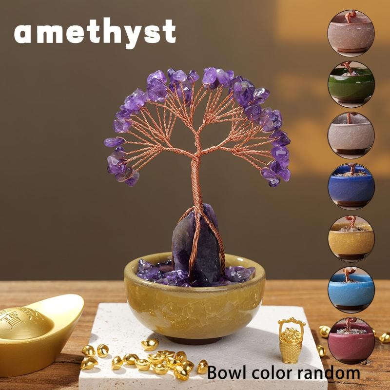 Crystal Raw Stone Golden Thread Tree & Crushed Stone Bowl