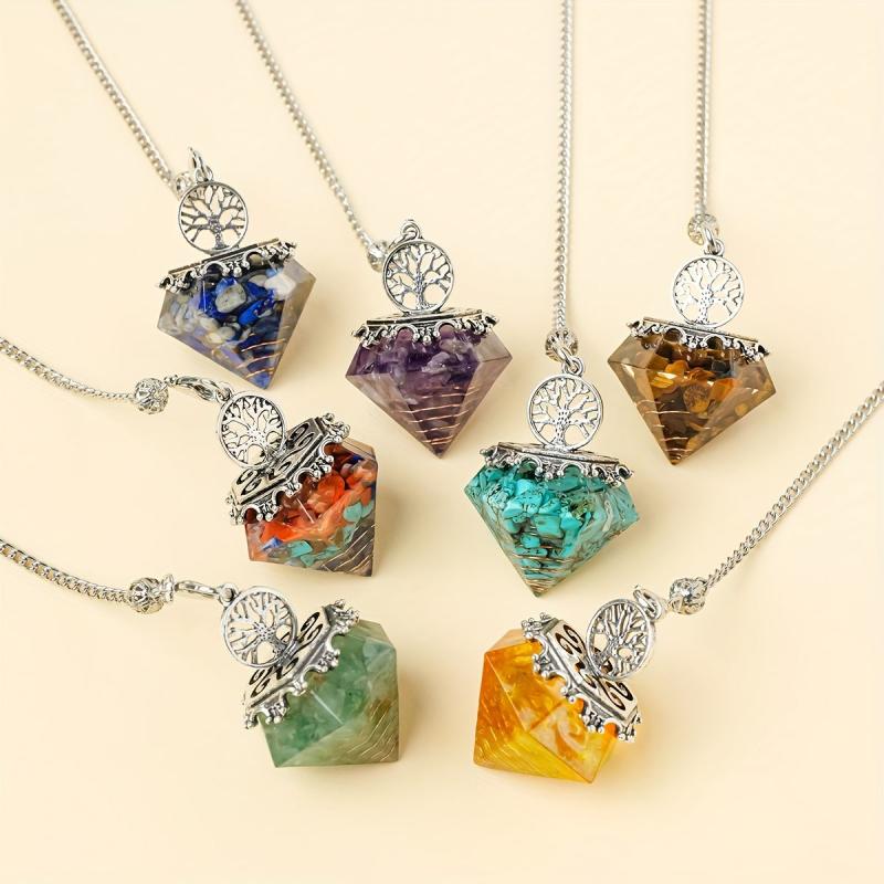 Faceted Pyramid Crystal Pendulum Wrapped with Gravel Chain