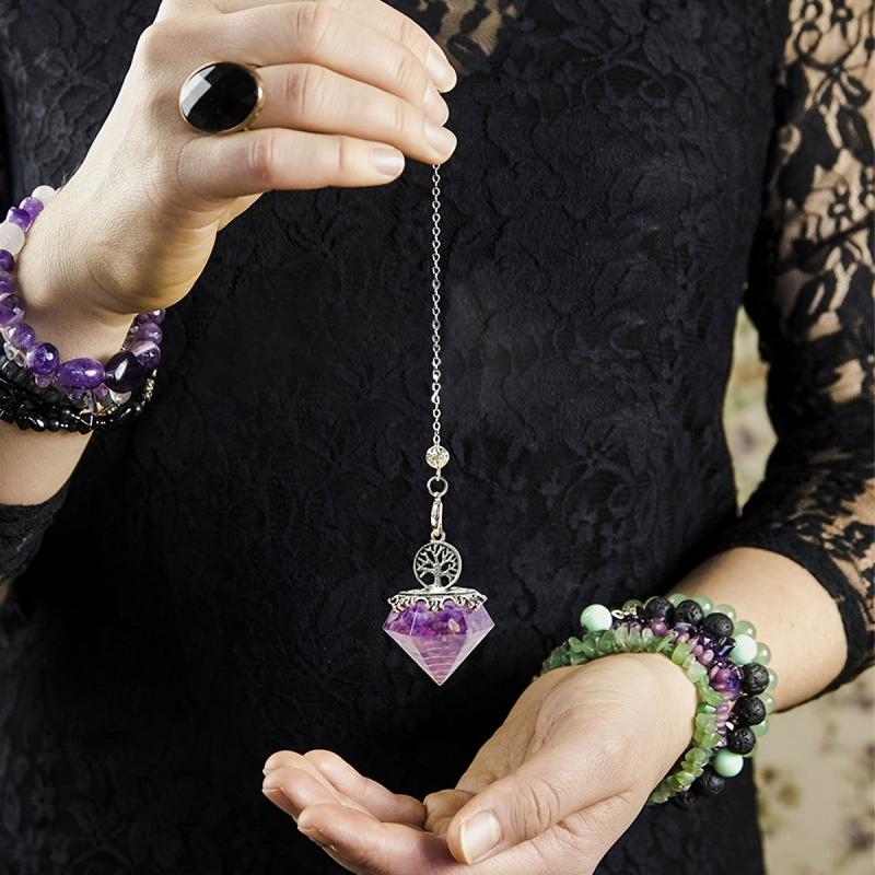 Faceted Pyramid Crystal Pendulum Wrapped with Gravel Chain