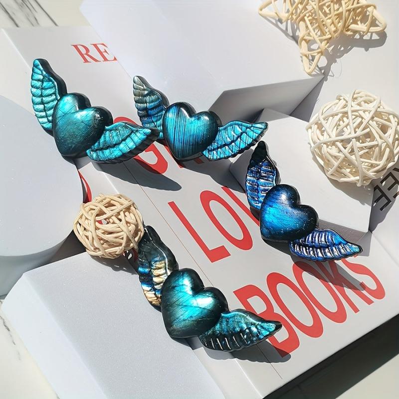 Natural Elongated Stone Heart Wing Carving for Meditation