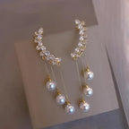 Gold Pendant Earrings with Zircon and Pearl