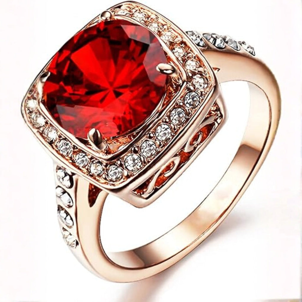 Rose Gold Ruby Halo Statement Ring