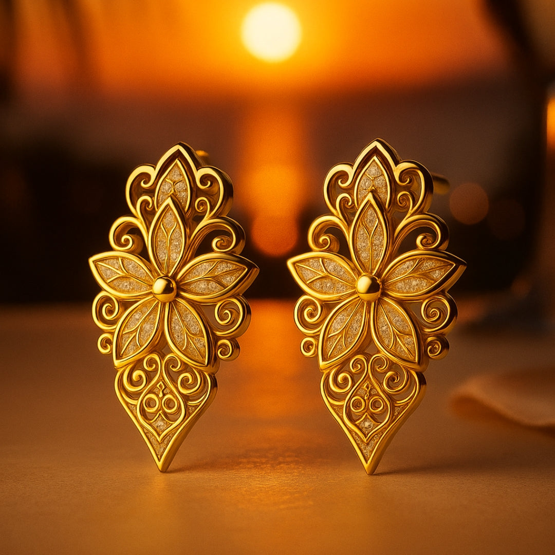 Exotic Flower Gold Stud Earrings