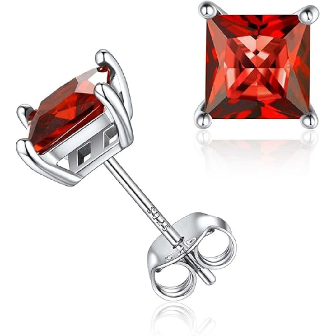 Minimalist Princess Cut Ruby Stud Earrings | White Gold