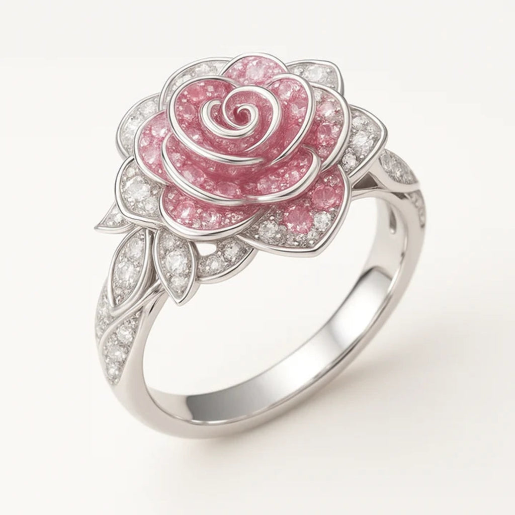 Exotic Pink Blossom Silvered Ring