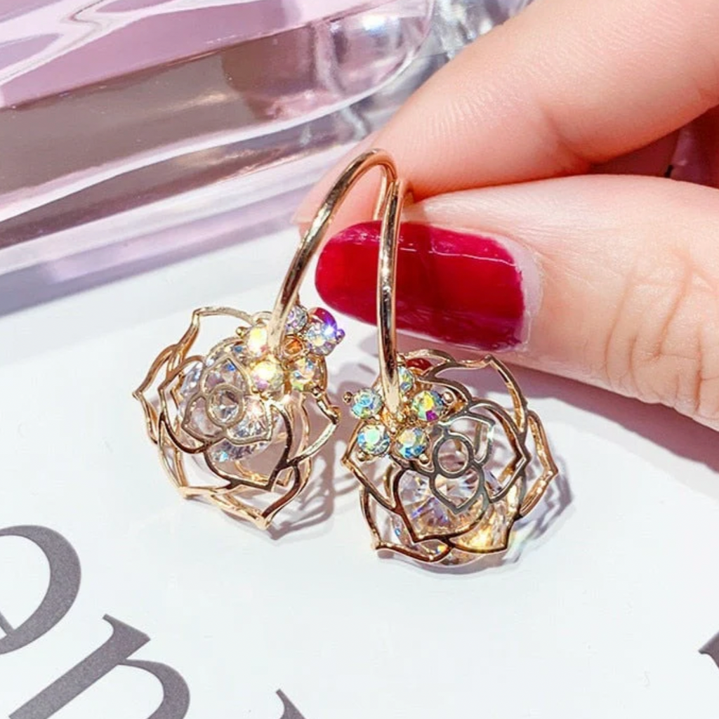 Shiny Floral Ball Earrings in Gold