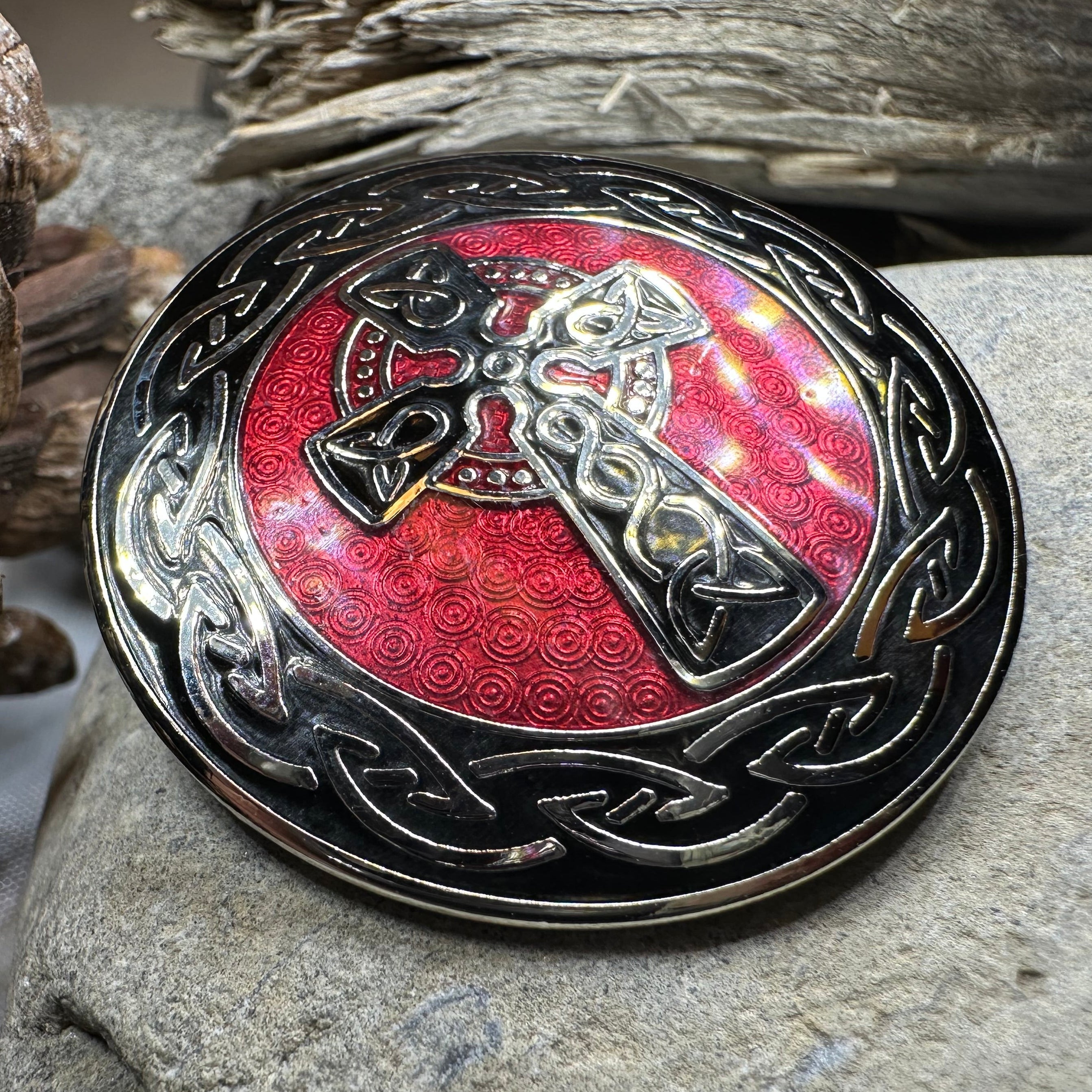 Enamel Celtic Cross Round Brooch