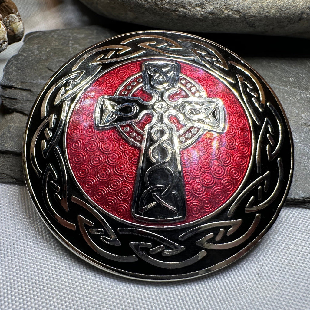 Enamel Celtic Cross Round Brooch