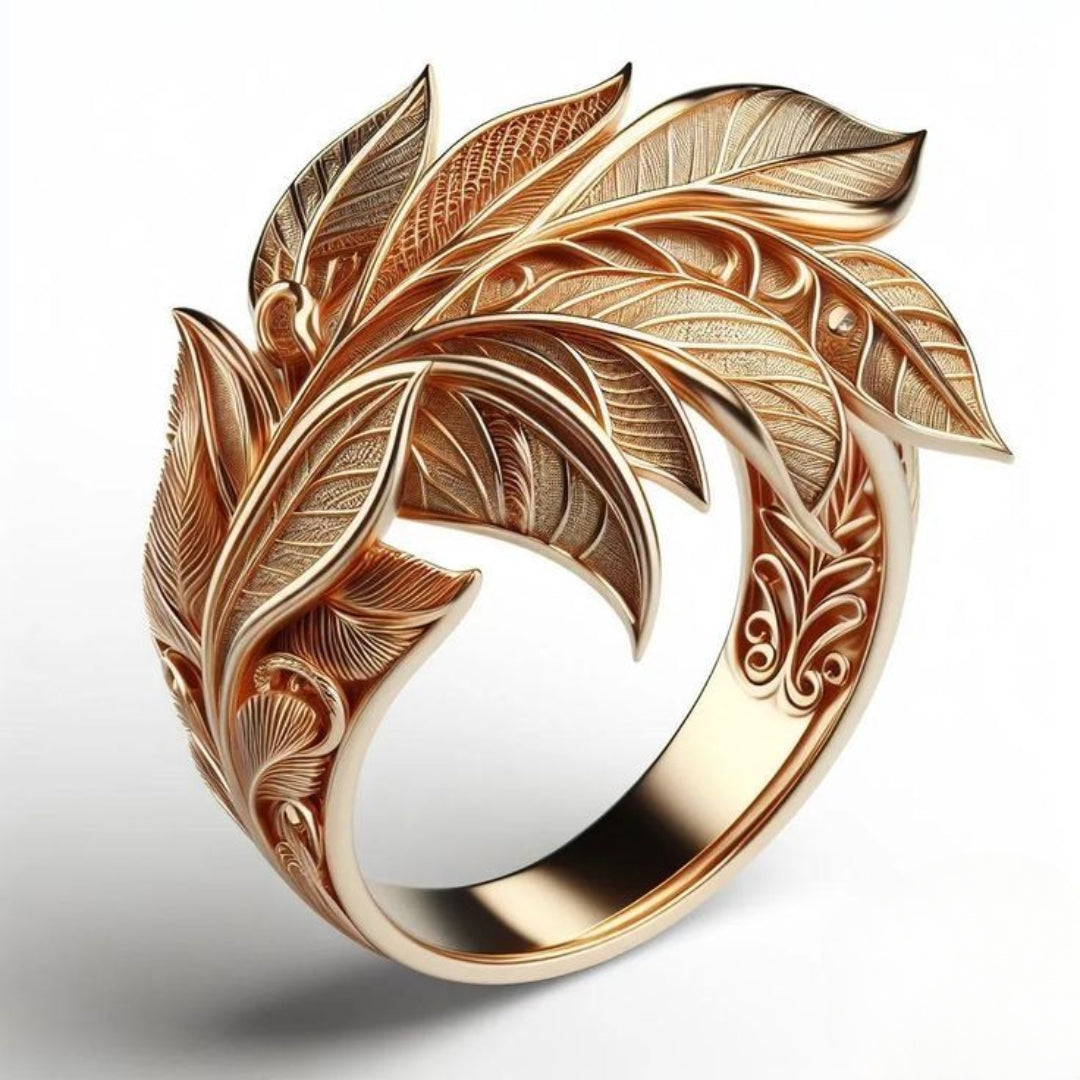 Exotic Golden Leaf Crest Ring