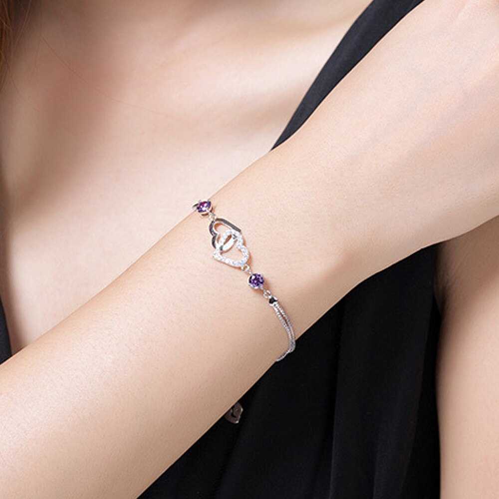 Women's Silver Plated Inverted Double Heart Charm Bracelet