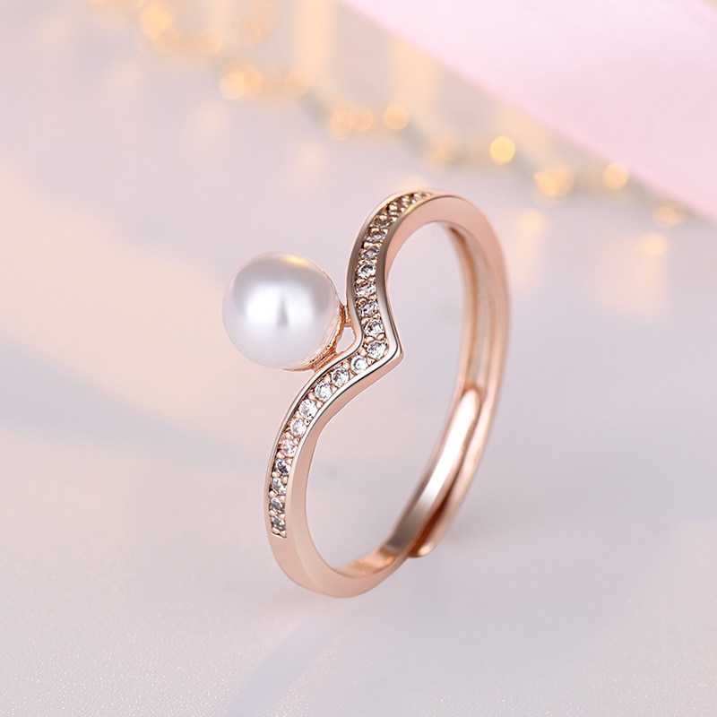 Women's Faux Pearl Wishbone Luck Ring Studded With Cubic Zirconia