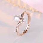 Women's Faux Pearl Wishbone Luck Ring Studded With Cubic Zirconia