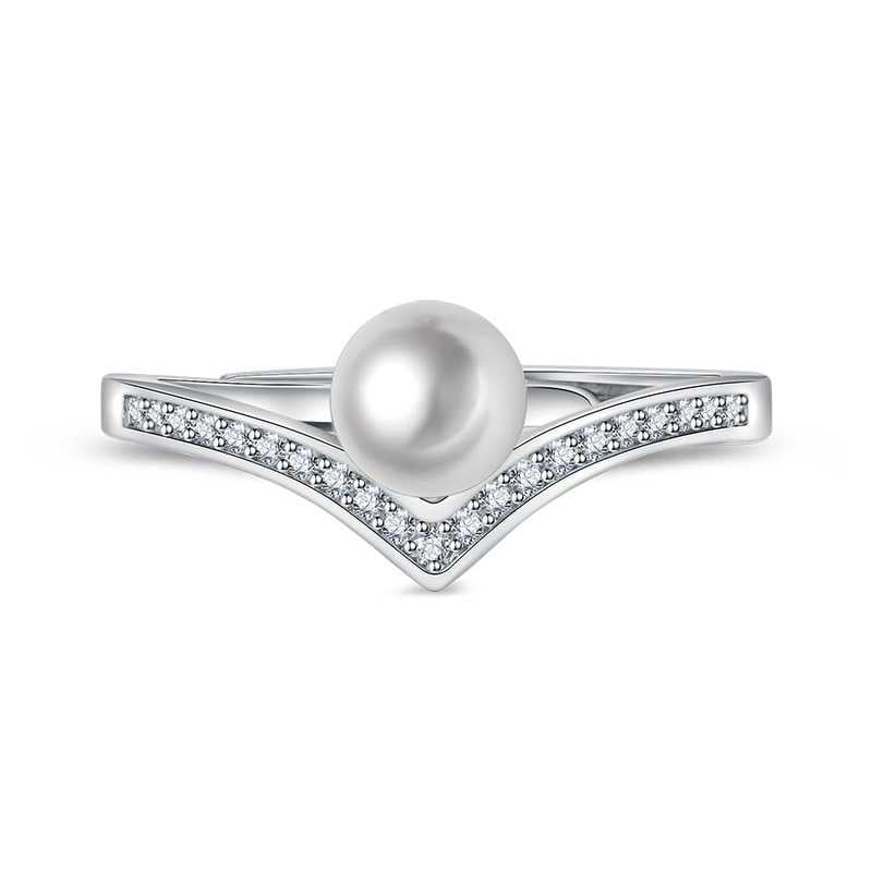 Women's Faux Pearl Wishbone Luck Ring Studded With Cubic Zirconia