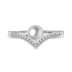 Women's Faux Pearl Wishbone Luck Ring Studded With Cubic Zirconia