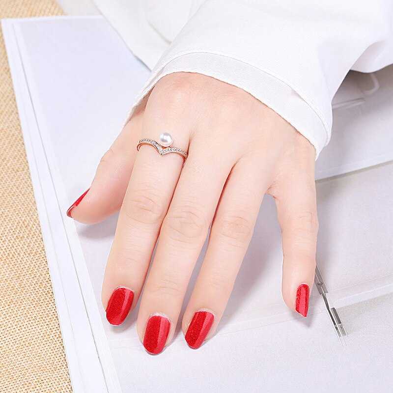 Women's Faux Pearl Wishbone Luck Ring Studded With Cubic Zirconia