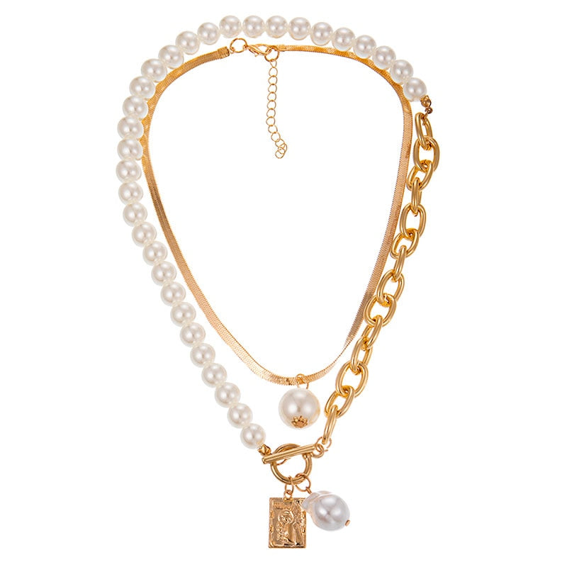 Women's Double Layered Boho Pearl Drop And Baroque Necklace