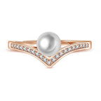 Women's Faux Pearl Wishbone Luck Ring Studded With Cubic Zirconia