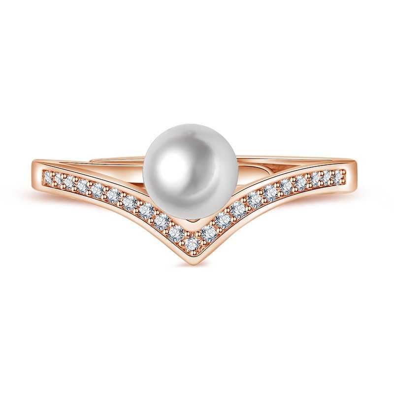 Women's Faux Pearl Wishbone Luck Ring Studded With Cubic Zirconia