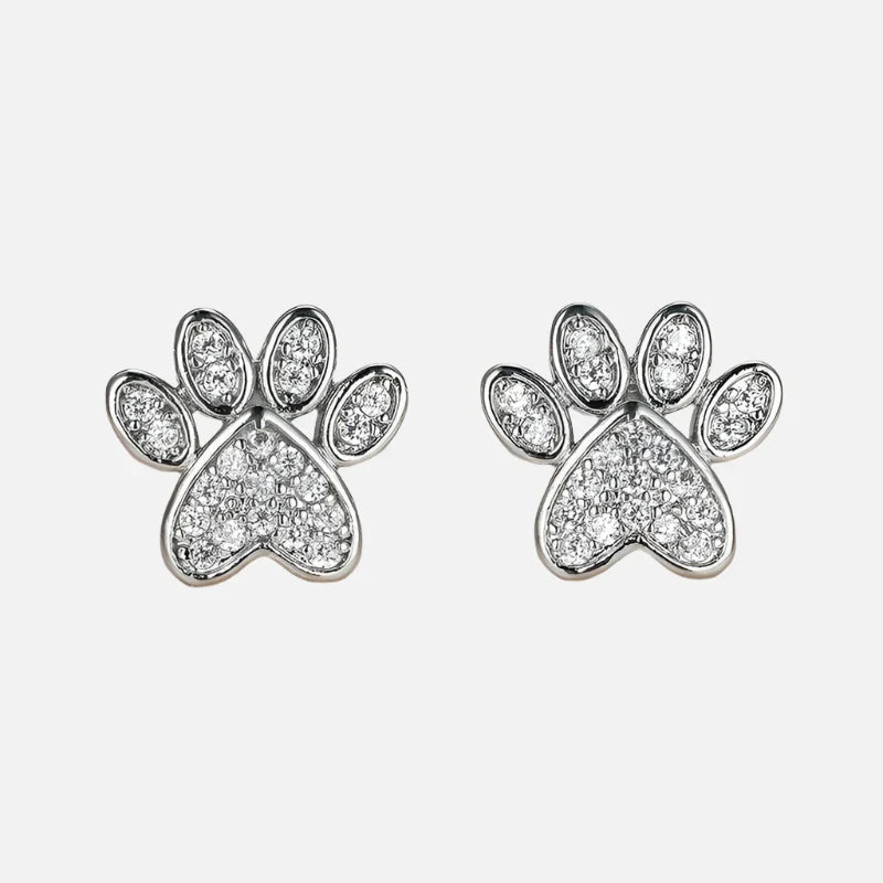 White Zirconia Paw Heart-Shaped Earrings