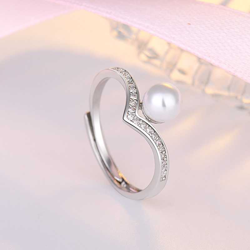 Women's Faux Pearl Wishbone Luck Ring Studded With Cubic Zirconia