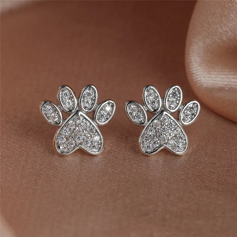 White Zirconia Paw Heart-Shaped Earrings