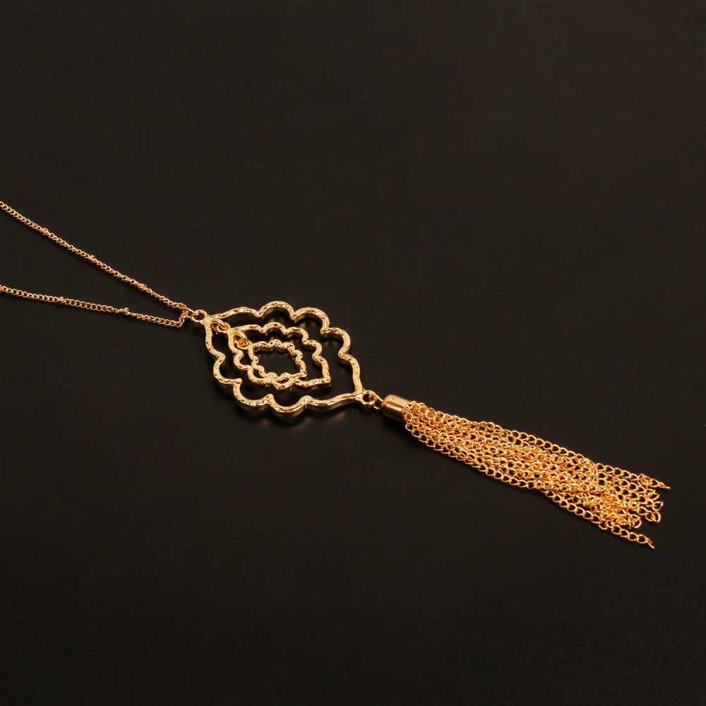Women's Long Chain Floral Pattern Pendant Necklace With Tassels
