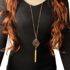 Women's Long Chain Floral Pattern Pendant Necklace With Tassels
