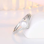Women's Faux Pearl Wishbone Luck Ring Studded With Cubic Zirconia