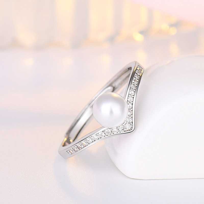 Women's Faux Pearl Wishbone Luck Ring Studded With Cubic Zirconia