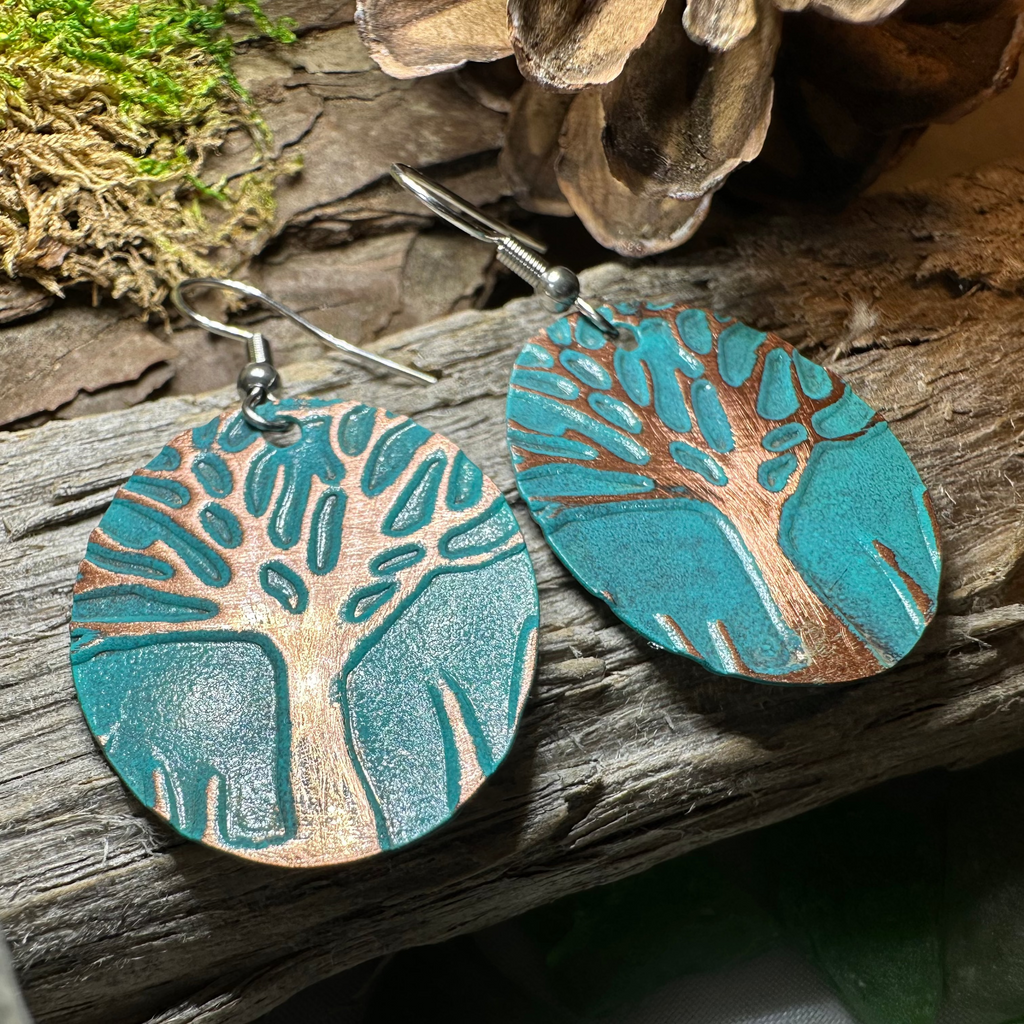 Green Oak Tree of Life Copper Earrings