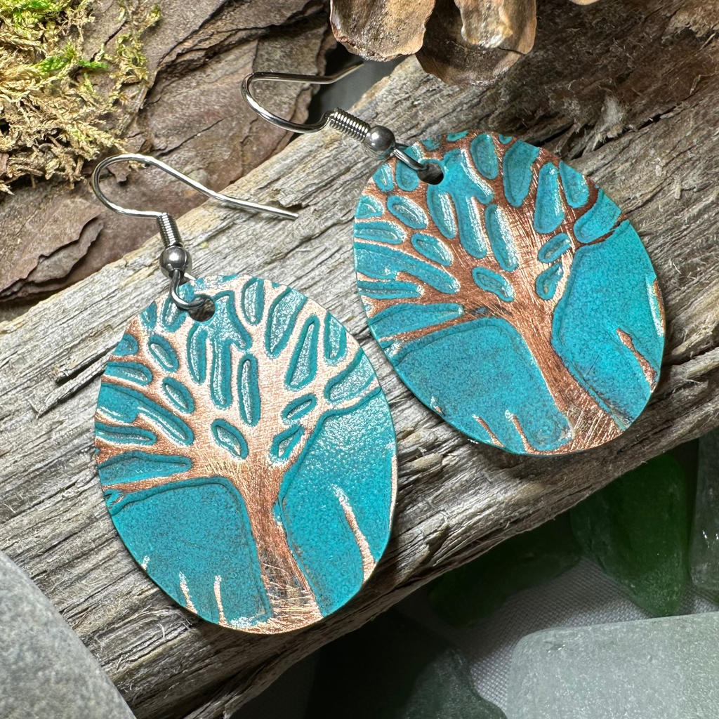 Green Oak Tree of Life Copper Earrings