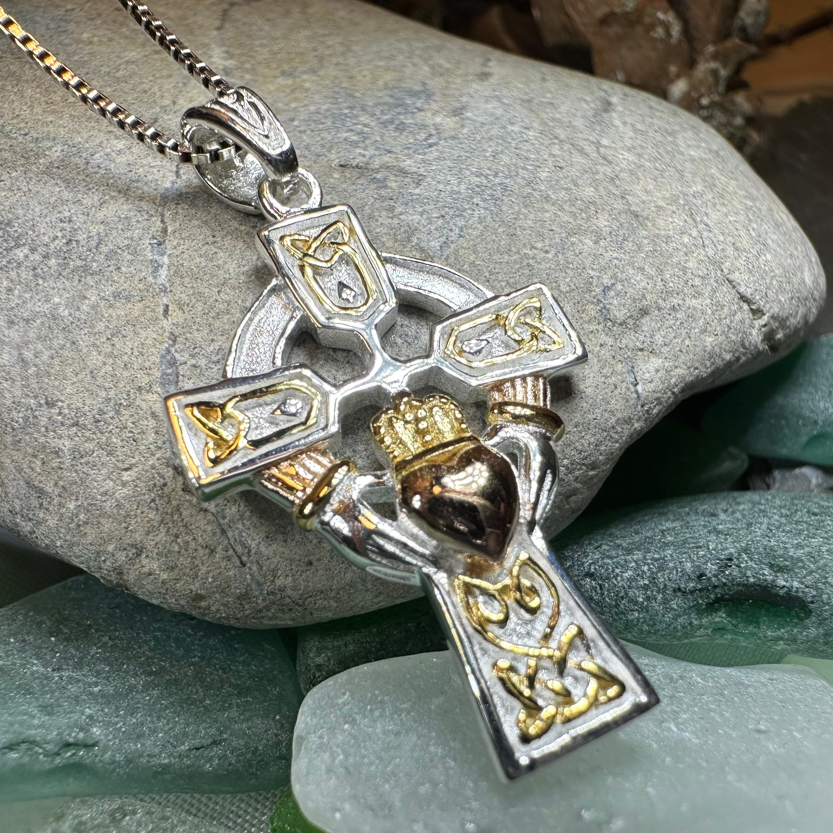Tri-Color Claddagh Cross Necklace