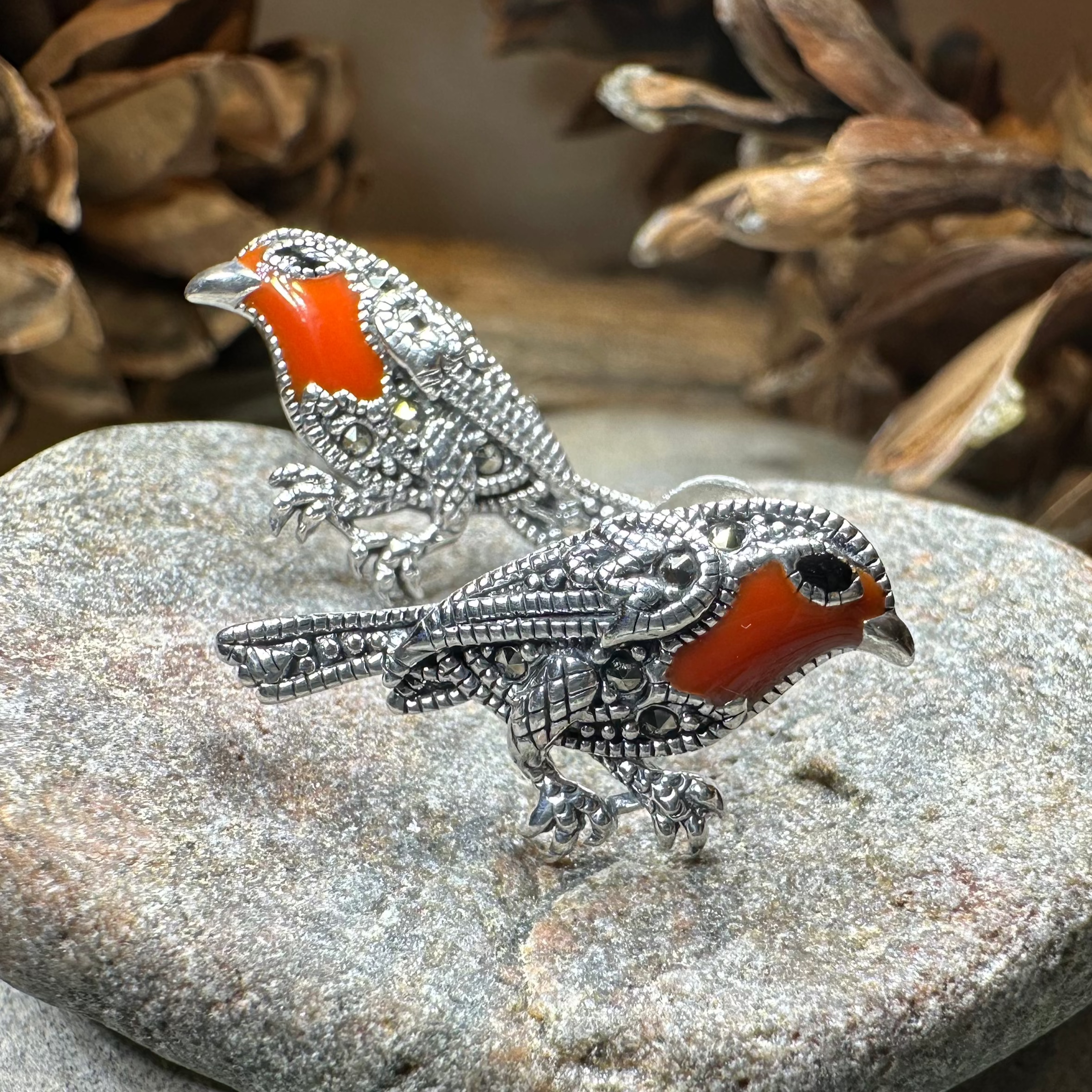 Redbreasted Robin Marcasite Earrings