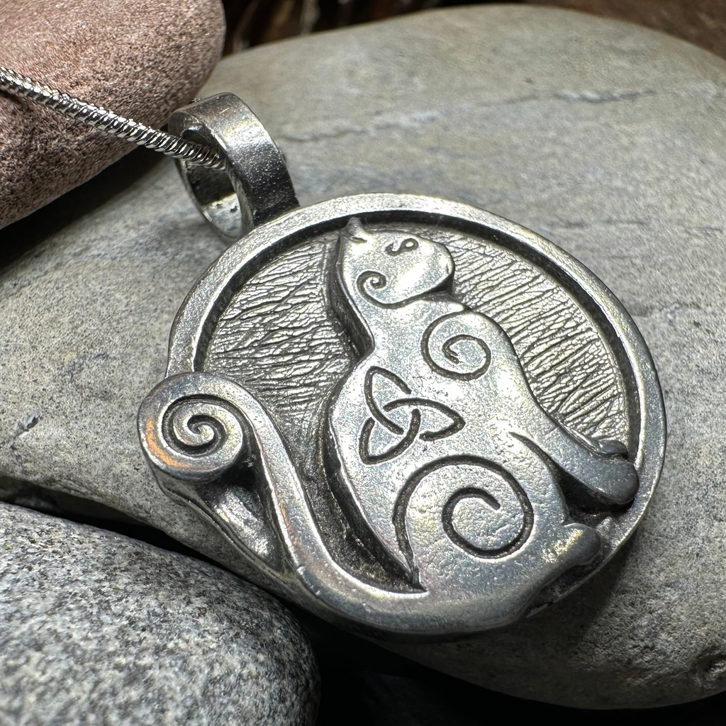 Celtic Spiral Cat Pewter Necklace