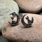 Celtic Cat & Crescent Moon Stud Earrings