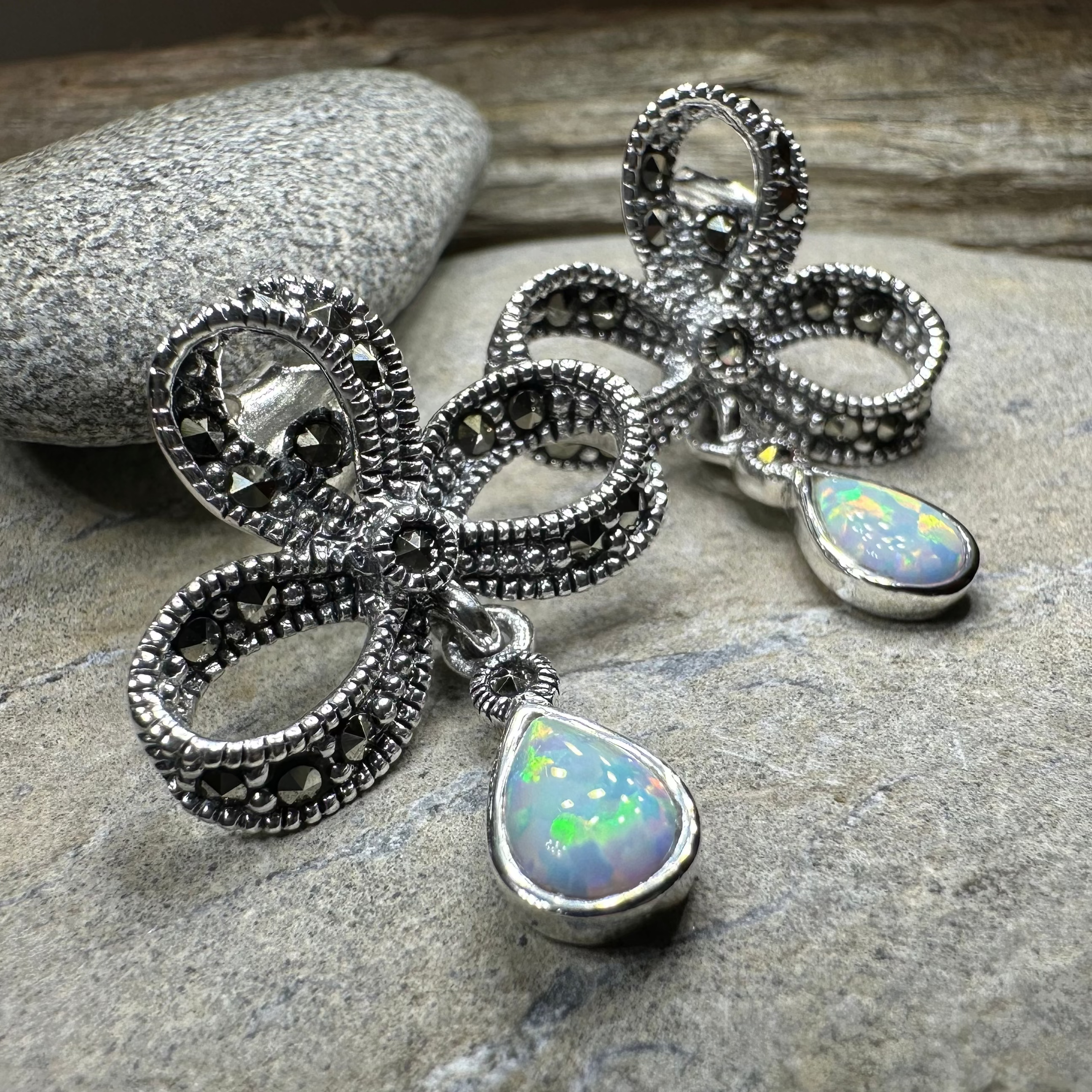 Gemstone Marcasite Bow Stud Earrings