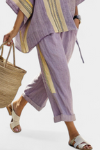 Elowric | Elegant Lavender Top & Mustard Striped Pants