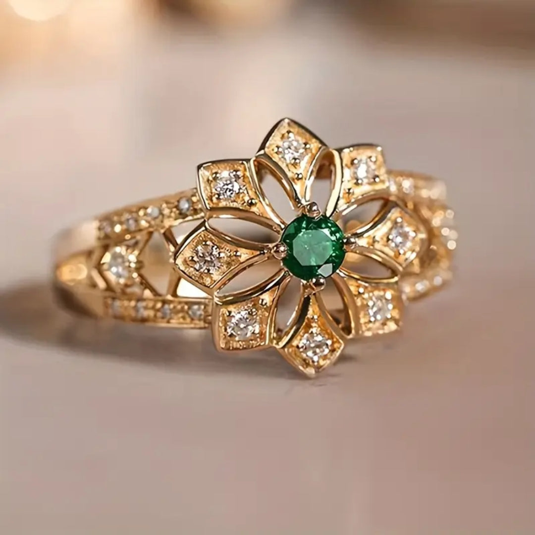 Green Crystal Mandala Gold Ring